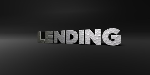 LENDING - hammered metal finish text on black studio - 3D rendered royalty free stock photo. This image can be used for an online website banner ad or a print postcard.