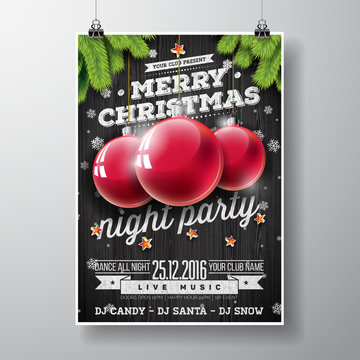 Vector Merry Christmas Party design with holiday typography elements and glass balls on vintage wood background.