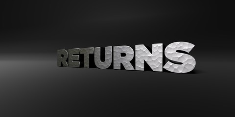 RETURNS - hammered metal finish text on black studio - 3D rendered royalty free stock photo. This image can be used for an online website banner ad or a print postcard.