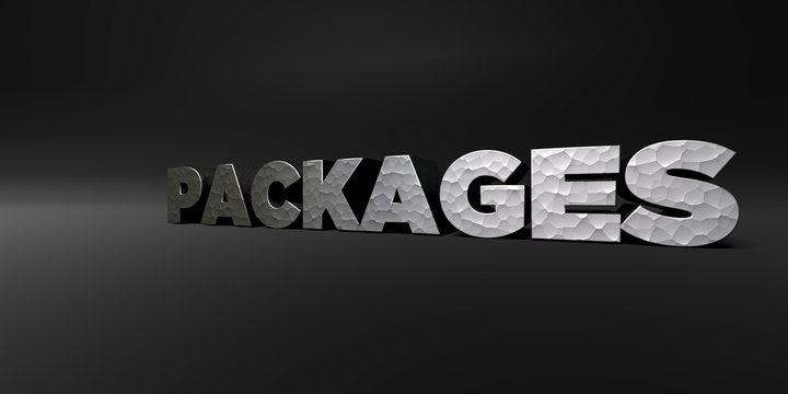 PACKAGES - hammered metal finish text on black studio - 3D rendered royalty free stock photo. This image can be used for an online website banner ad or a print postcard.