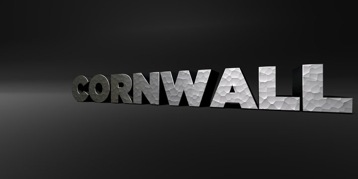 CORNWALL - hammered metal finish text on black studio - 3D rendered royalty free stock photo. This image can be used for an online website banner ad or a print postcard.