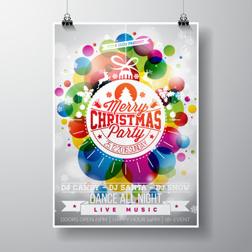 Merry Christmas Party illustration with holiday typography designs in abstract glass ball on shiny color background.