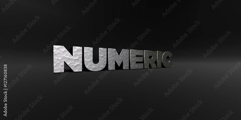 Fototapete NUMERIC - hammered metal finish text on black studio - 3D rendered royalty free stock photo. This image can be used for an online website banner ad or a print postcard.
