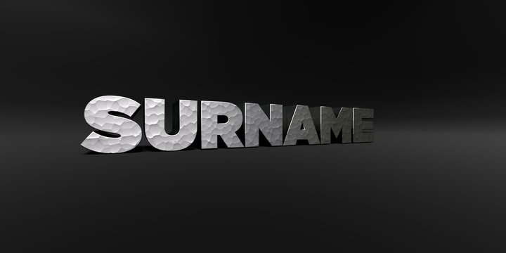 SURNAME - hammered metal finish text on black studio - 3D rendered royalty free stock photo. This image can be used for an online website banner ad or a print postcard.