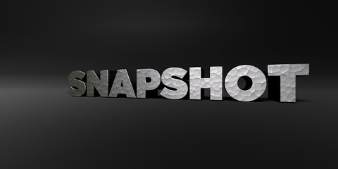 SNAPSHOT - hammered metal finish text on black studio - 3D rendered royalty free stock photo. This image can be used for an online website banner ad or a print postcard.