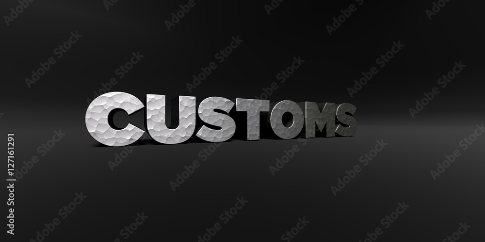 Fototapete customs - hammered metal finish text on black studio - 3d rendered royalty free stock photo. this im
