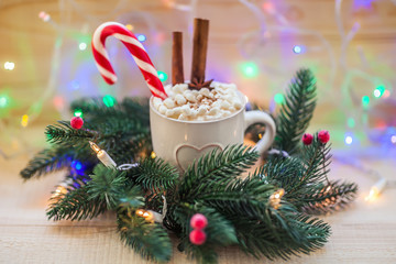 Christmas background with cup of hot chocolate and fir