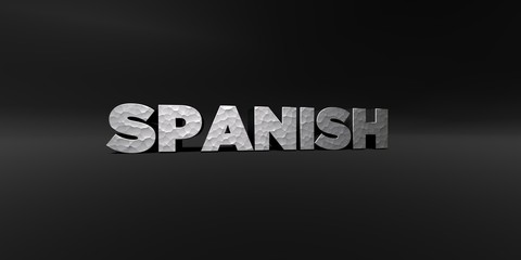 SPANISH - hammered metal finish text on black studio - 3D rendered royalty free stock photo. This image can be used for an online website banner ad or a print postcard.