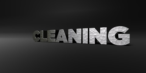 CLEANING - hammered metal finish text on black studio - 3D rendered royalty free stock photo. This image can be used for an online website banner ad or a print postcard.