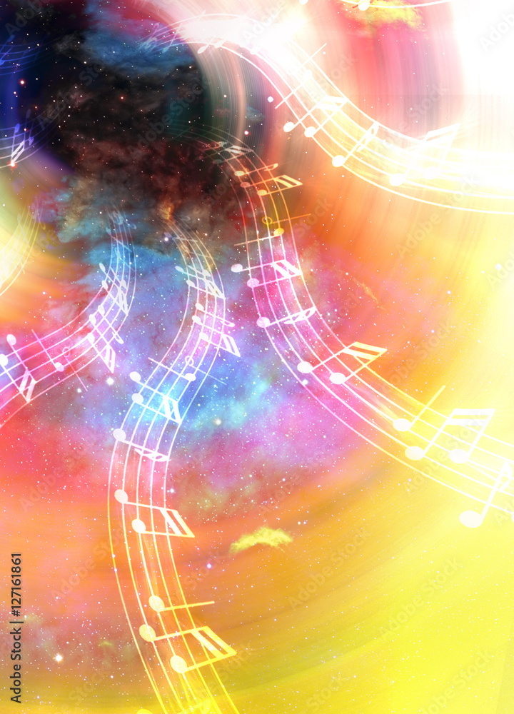 Poster music note and space and stars with abstrtact color background.