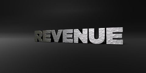 REVENUE - hammered metal finish text on black studio - 3D rendered royalty free stock photo. This image can be used for an online website banner ad or a print postcard.