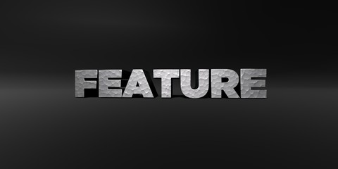 Fototapeta premium FEATURE - hammered metal finish text on black studio - 3D rendered royalty free stock photo. This image can be used for an online website banner ad or a print postcard.