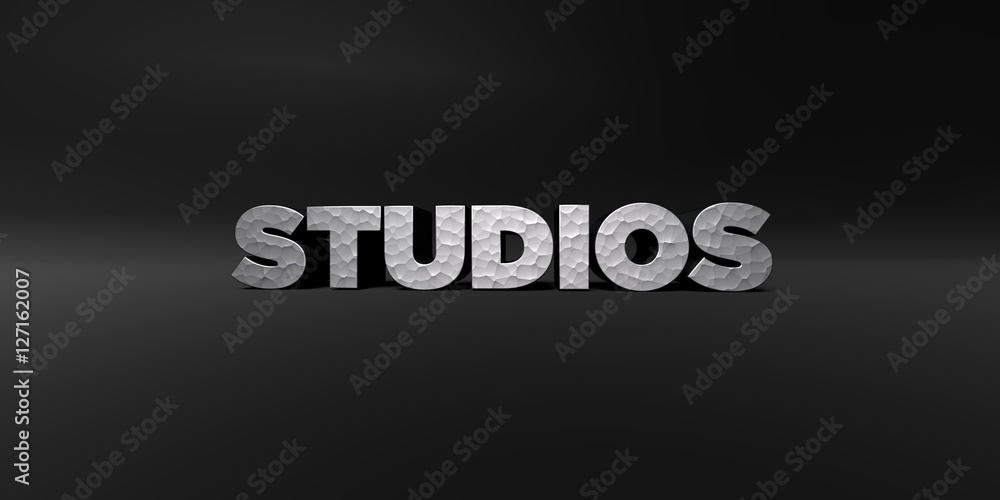 Fototapete studios - hammered metal finish text on black studio - 3d rendered royalty free stock photo. this im