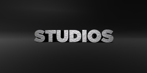 STUDIOS - hammered metal finish text on black studio - 3D rendered royalty free stock photo. This image can be used for an online website banner ad or a print postcard.
