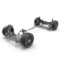 Car chassis without engine on white. 3D illustration - obrazy, fototapety, plakaty