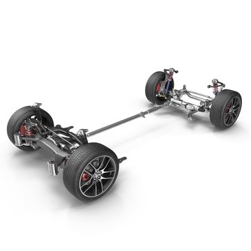 Car chassis without engine on white. 3D illustration