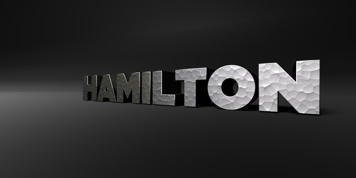 HAMILTON - hammered metal finish text on black studio - 3D rendered royalty free stock photo. This image can be used for an online website banner ad or a print postcard.