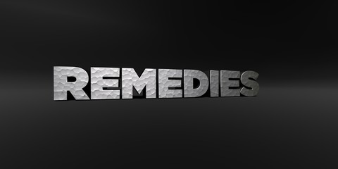 REMEDIES - hammered metal finish text on black studio - 3D rendered royalty free stock photo. This image can be used for an online website banner ad or a print postcard.