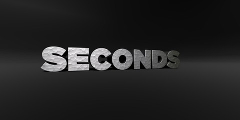 SECONDS - hammered metal finish text on black studio - 3D rendered royalty free stock photo. This image can be used for an online website banner ad or a print postcard.