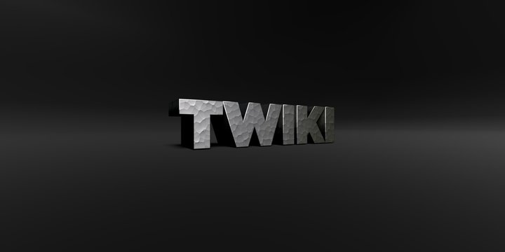 TWIKI - hammered metal finish text on black studio - 3D rendered royalty free stock photo. This image can be used for an online website banner ad or a print postcard.