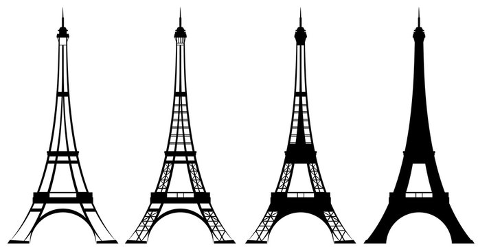 eiffel tower black and white vector outline and silhouette set