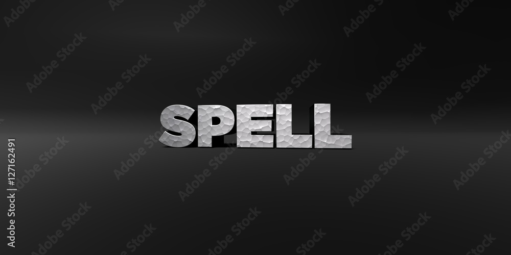 Fototapete spell - hammered metal finish text on black studio - 3d rendered royalty free stock photo. this imag