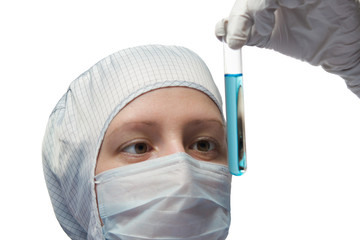 scientist examined a test tube with liquid
