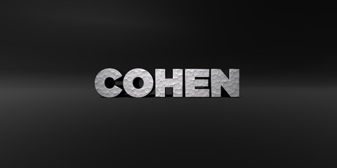 COHEN - hammered metal finish text on black studio - 3D rendered royalty free stock photo. This image can be used for an online website banner ad or a print postcard.