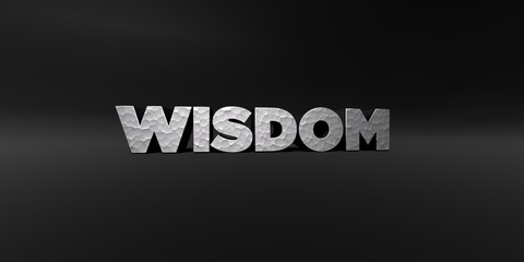 WISDOM - hammered metal finish text on black studio - 3D rendered royalty free stock photo. This image can be used for an online website banner ad or a print postcard.