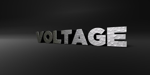 VOLTAGE - hammered metal finish text on black studio - 3D rendered royalty free stock photo. This image can be used for an online website banner ad or a print postcard.