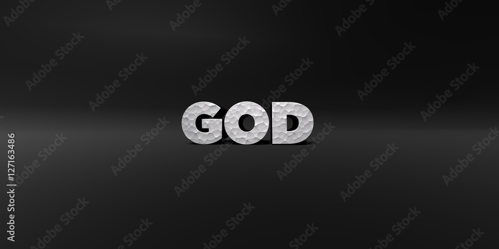 Fototapete god - hammered metal finish text on black studio - 3d rendered royalty free stock photo. this image 