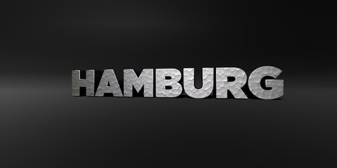 HAMBURG - hammered metal finish text on black studio - 3D rendered royalty free stock photo. This image can be used for an online website banner ad or a print postcard.