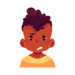 Little boy face, upset, confused facial expression, cartoon vector illustrations isolated on white background. black male kid emoji face, concerned, confused frustrated.