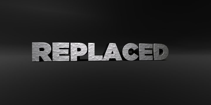 REPLACED - hammered metal finish text on black studio - 3D rendered royalty free stock photo. This image can be used for an online website banner ad or a print postcard.