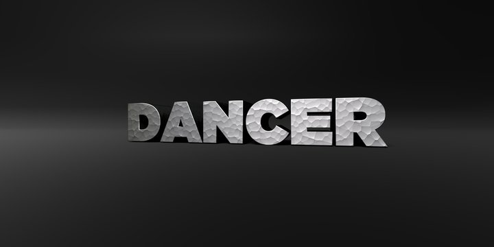 DANCER - hammered metal finish text on black studio - 3D rendered royalty free stock photo. This image can be used for an online website banner ad or a print postcard.