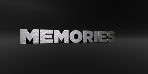 MEMORIES - hammered metal finish text on black studio - 3D rendered royalty free stock photo. This image can be used for an online website banner ad or a print postcard.