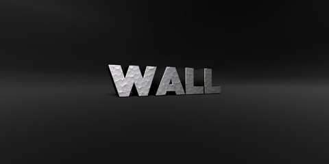 WALL - hammered metal finish text on black studio - 3D rendered royalty free stock photo. This image can be used for an online website banner ad or a print postcard.