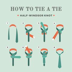 Instructions on how to tie a tie on the turquoise background of the eight steps. Half-Windsor knot . Vector Illustration.