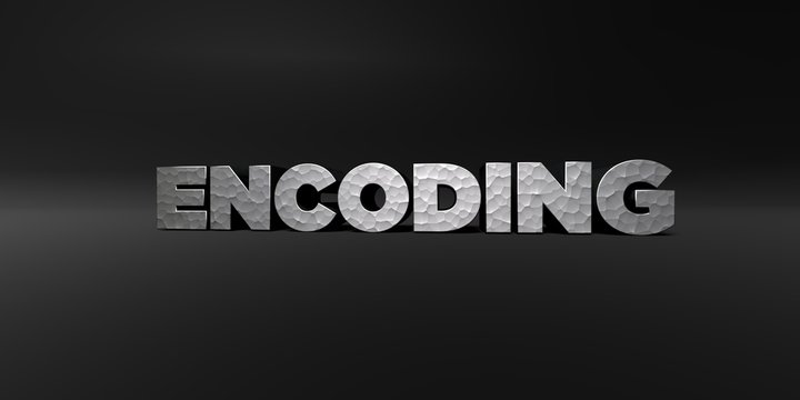 ENCODING - hammered metal finish text on black studio - 3D rendered royalty free stock photo. This image can be used for an online website banner ad or a print postcard.