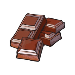 Pieces of dark chocolate bar, sketch style vector illustration isolated on white background. Hand drawn chocolate bar broken into pieces, appetizing realistic drawing