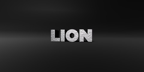 Fototapeta na wymiar LION - hammered metal finish text on black studio - 3D rendered royalty free stock photo. This image can be used for an online website banner ad or a print postcard.