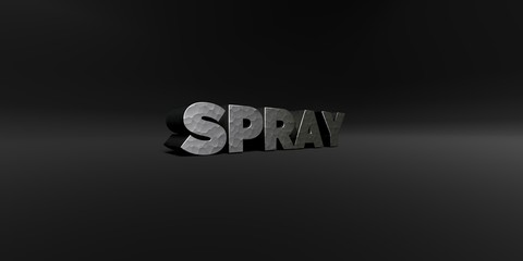 SPRAY - hammered metal finish text on black studio - 3D rendered royalty free stock photo. This image can be used for an online website banner ad or a print postcard.