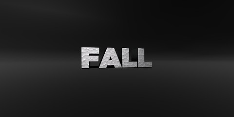 FALL - hammered metal finish text on black studio - 3D rendered royalty free stock photo. This image can be used for an online website banner ad or a print postcard.