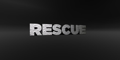 RESCUE - hammered metal finish text on black studio - 3D rendered royalty free stock photo. This image can be used for an online website banner ad or a print postcard.