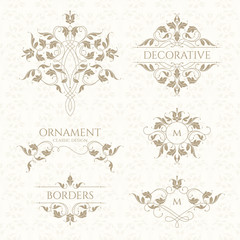 Classic ornament. Set of decorative  borders and monograms. Classic design elements for wedding invitations.