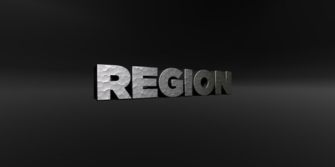 REGION - hammered metal finish text on black studio - 3D rendered royalty free stock photo. This image can be used for an online website banner ad or a print postcard.