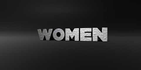 WOMEN - hammered metal finish text on black studio - 3D rendered royalty free stock photo. This image can be used for an online website banner ad or a print postcard.