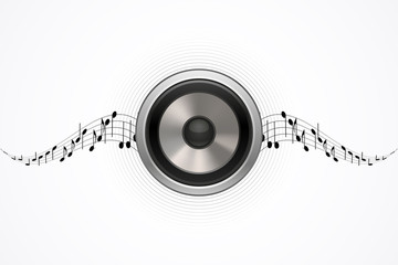 Load speaker illustration on abstract music backdrop, isolated on white