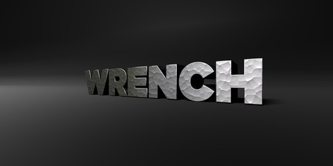 WRENCH - hammered metal finish text on black studio - 3D rendered royalty free stock photo. This image can be used for an online website banner ad or a print postcard.