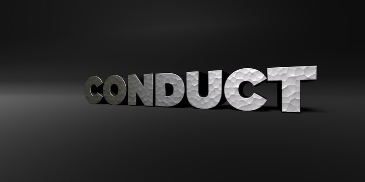 CONDUCT - hammered metal finish text on black studio - 3D rendered royalty free stock photo. This image can be used for an online website banner ad or a print postcard.